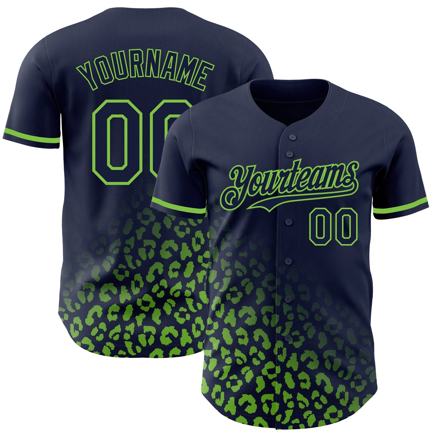 Custom Navy Neon Green 3D Pattern Design Leopard Print Fade Fashion Authentic Baseball Jersey - Main View