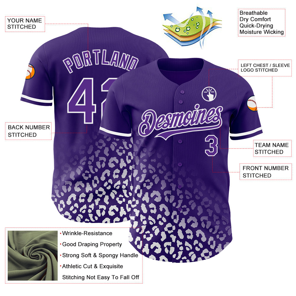 Custom Purple White 3D Pattern Design Leopard Print Fade Fashion Authentic Baseball Jersey view 3