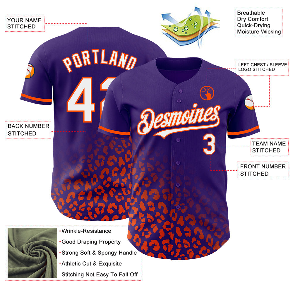 Custom Purple White-Orange 3D Pattern Design Leopard Print Fade Fashion Authentic Baseball Jersey view 3