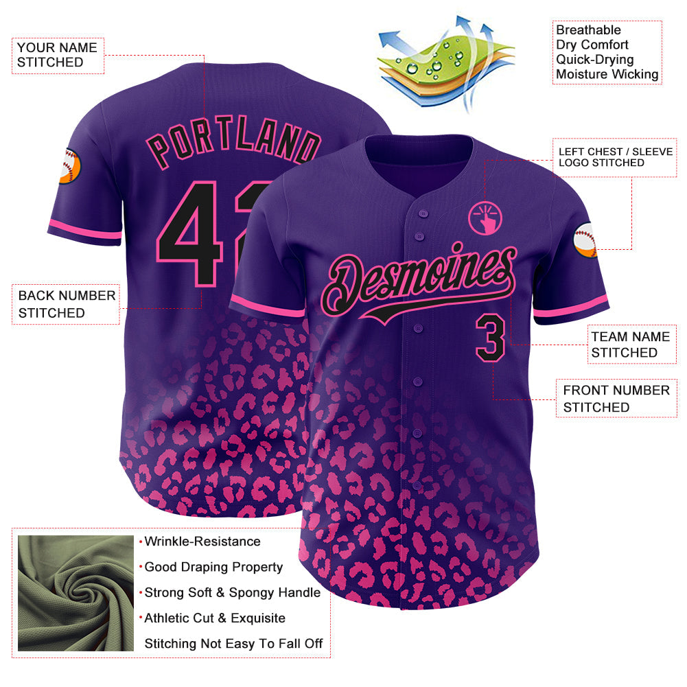 Custom Purple Black-Pink 3D Pattern Design Leopard Print Fade Fashion Authentic Baseball Jersey view 3
