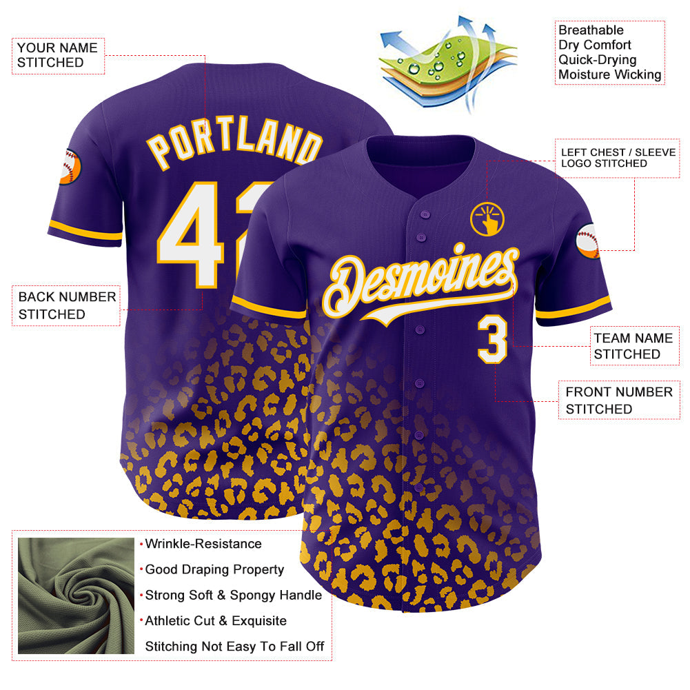 Custom Purple White-Gold 3D Pattern Design Leopard Print Fade Fashion Authentic Baseball Jersey view 3