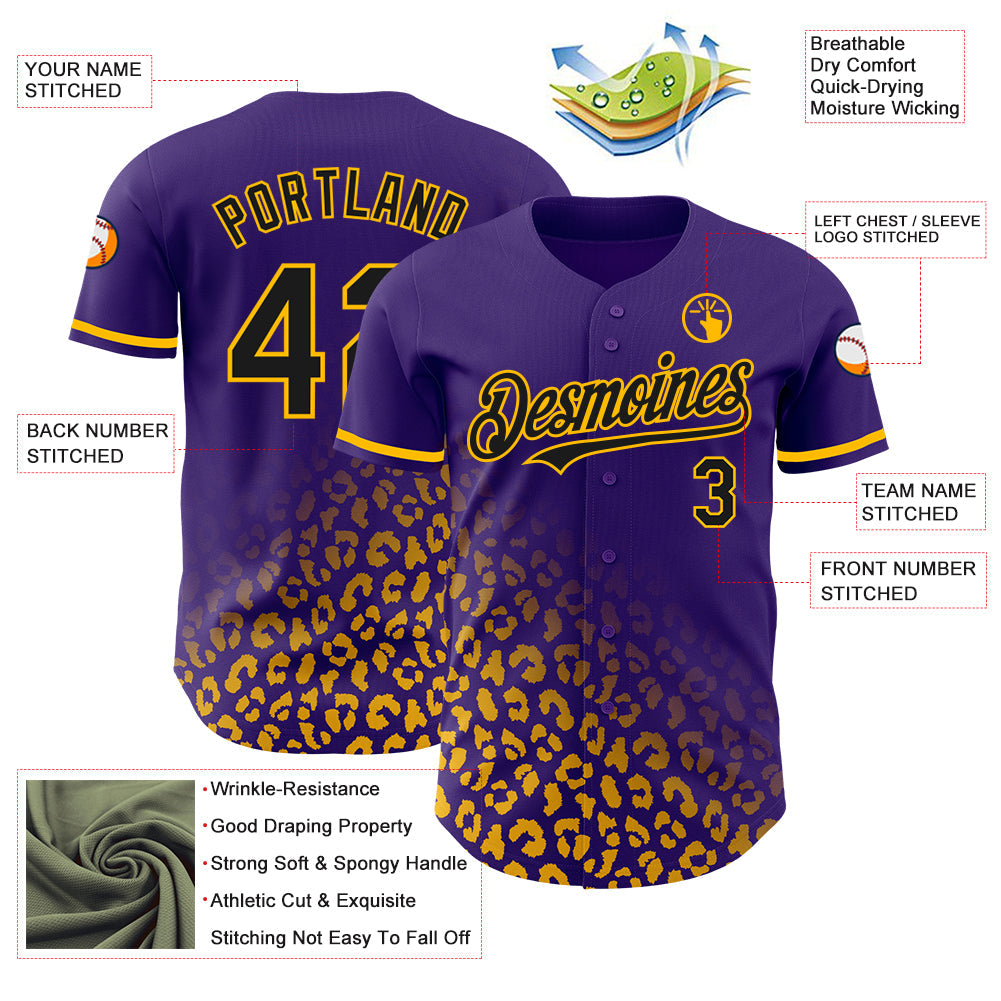 Custom Purple Black-Gold 3D Pattern Design Leopard Print Fade Fashion Authentic Baseball Jersey view 3