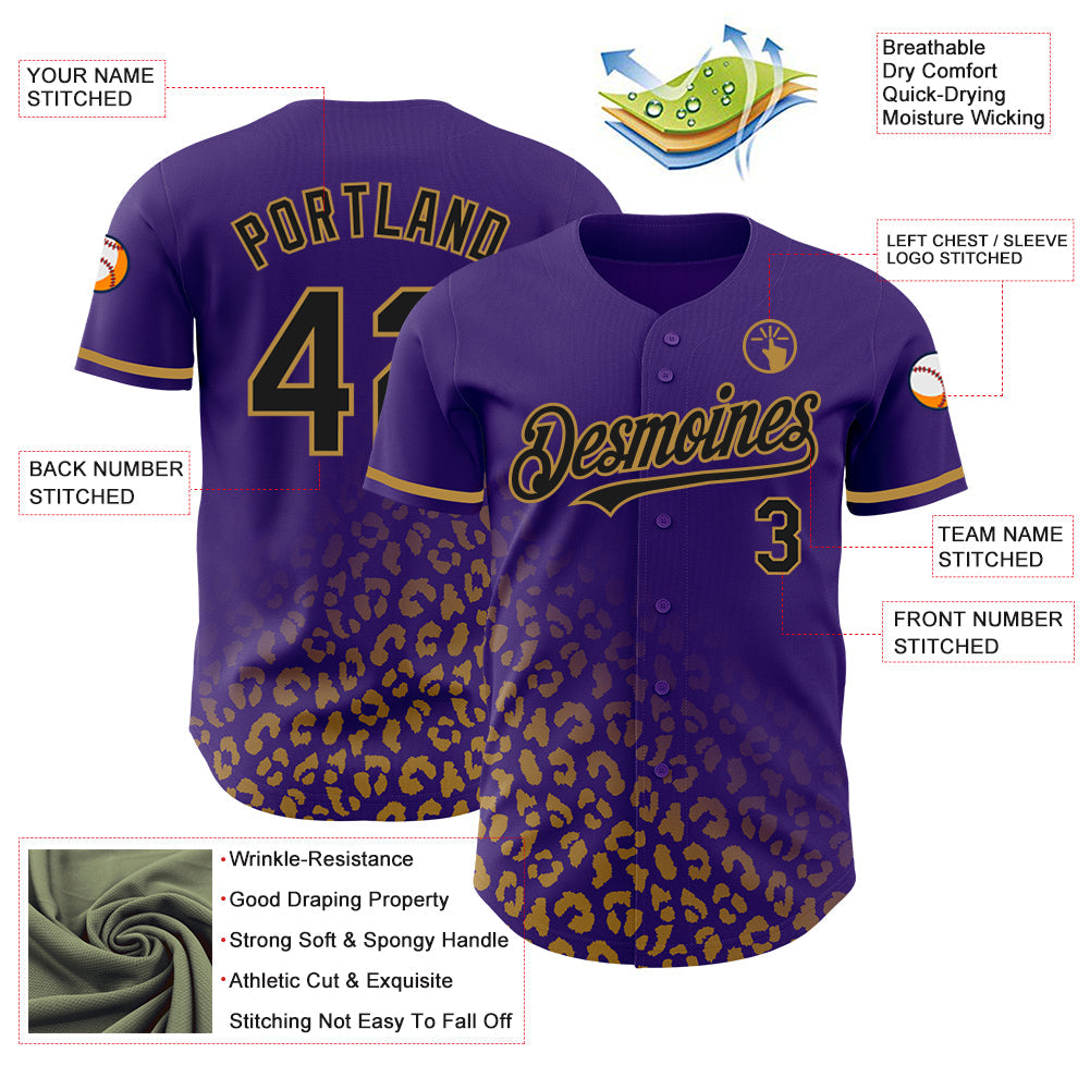 Custom Purple Black-Old Gold 3D Pattern Design Leopard Print Fade Fashion Authentic Baseball Jersey view 3