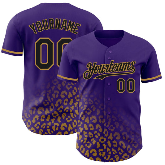 Custom Purple Black-Old Gold 3D Pattern Design Leopard Print Fade Fashion Authentic Baseball Jersey - Main View