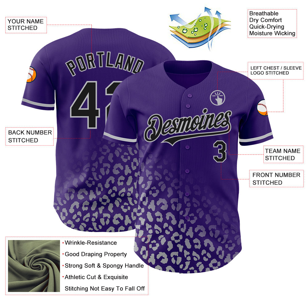 Custom Purple Black-Gray 3D Pattern Design Leopard Print Fade Fashion Authentic Baseball Jersey view 3