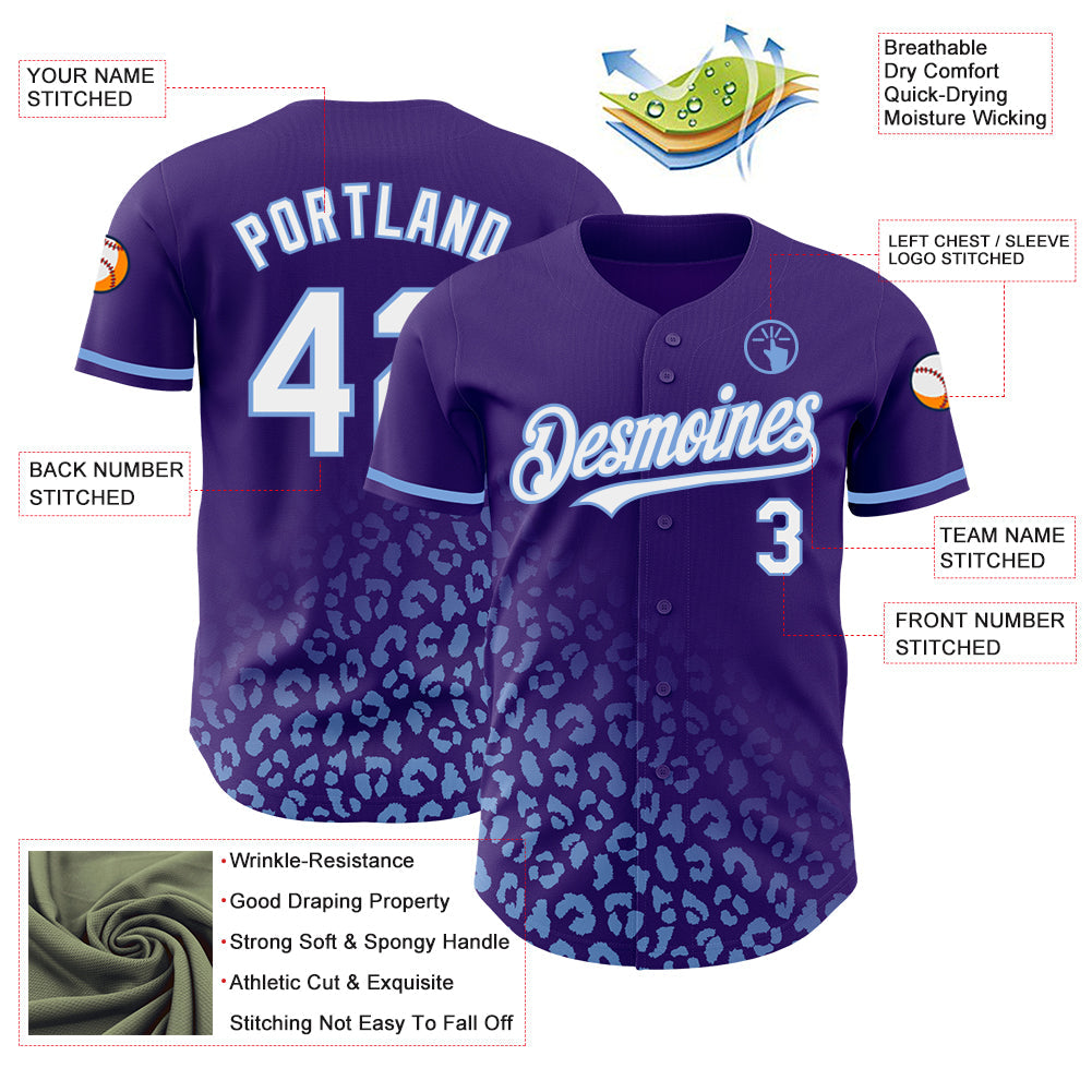 Custom Purple White-Light Blue 3D Pattern Design Leopard Print Fade Fashion Authentic Baseball Jersey view 3