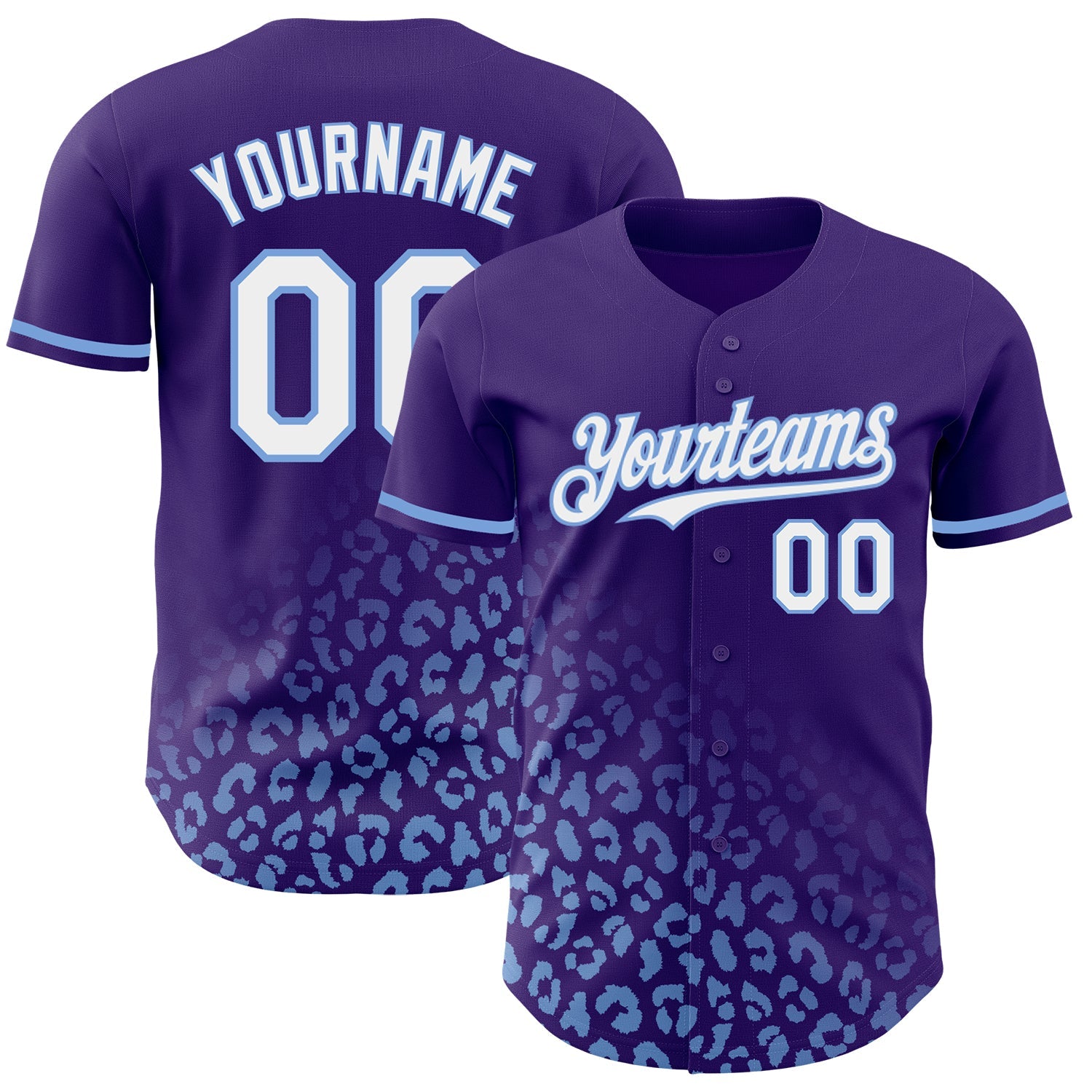 Custom Purple White-Light Blue 3D Pattern Design Leopard Print Fade Fashion Authentic Baseball Jersey - Main View