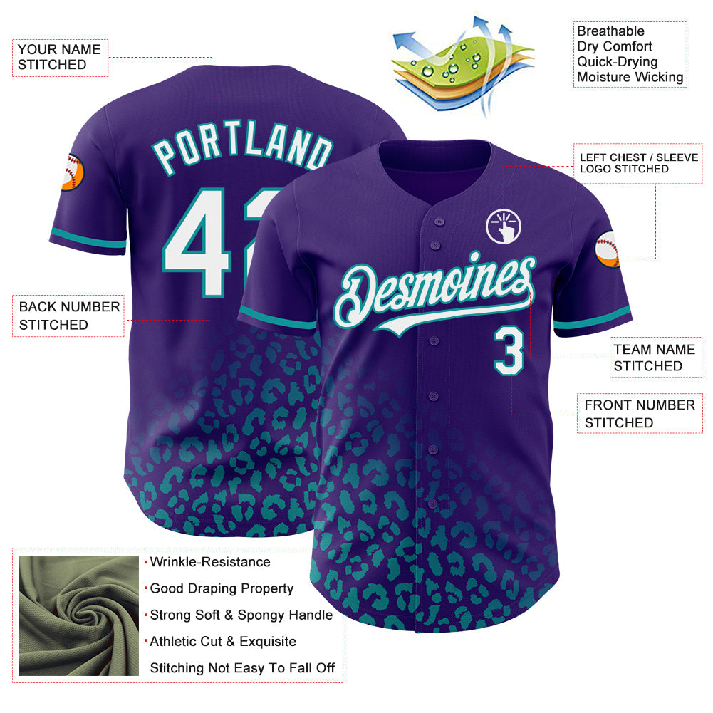 Custom Purple White-Teal 3D Pattern Design Leopard Print Fade Fashion Authentic Baseball Jersey view 4