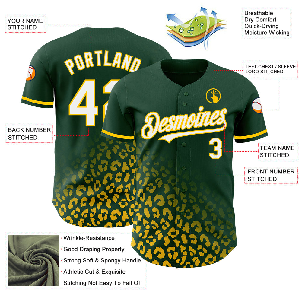 Custom Green White-Yellow 3D Pattern Design Leopard Print Fade Fashion Authentic Baseball Jersey view 3