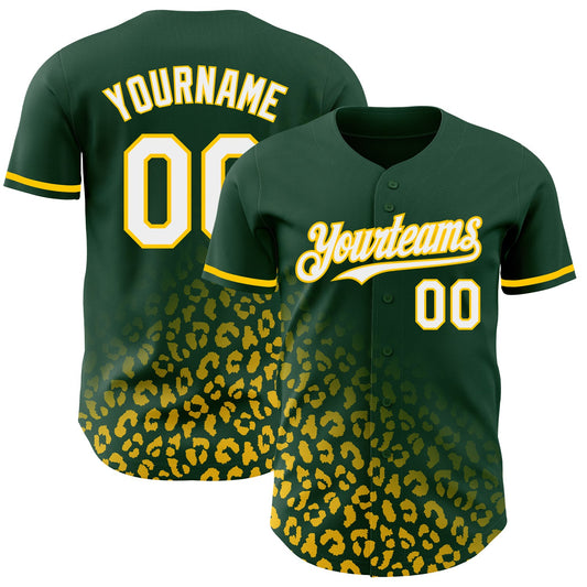 Custom Green White-Yellow 3D Pattern Design Leopard Print Fade Fashion Authentic Baseball Jersey - Main View
