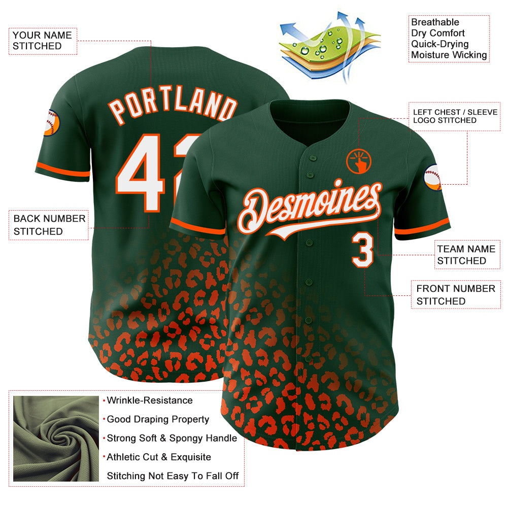 Custom Green White-Orange 3D Pattern Design Leopard Print Fade Fashion Authentic Baseball Jersey view 3