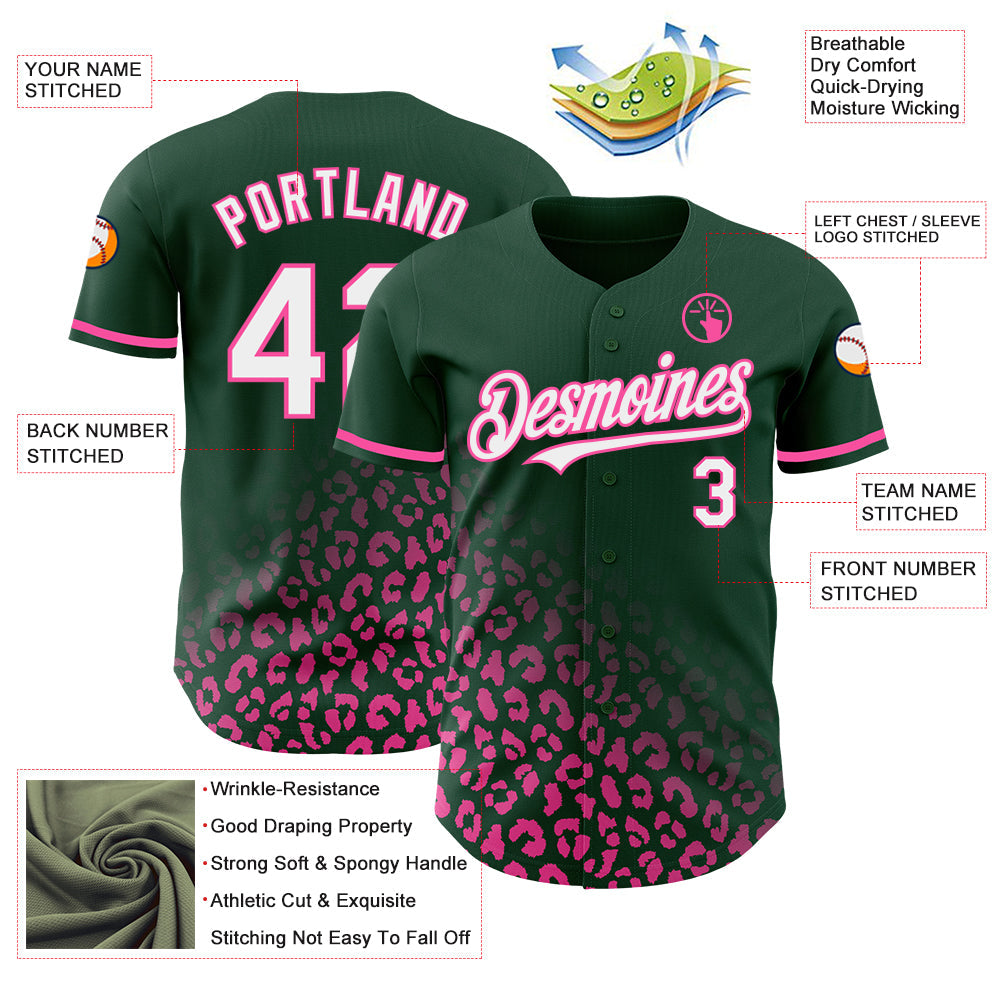 Custom Green White-Pink 3D Pattern Design Leopard Print Fade Fashion Authentic Baseball Jersey view 3