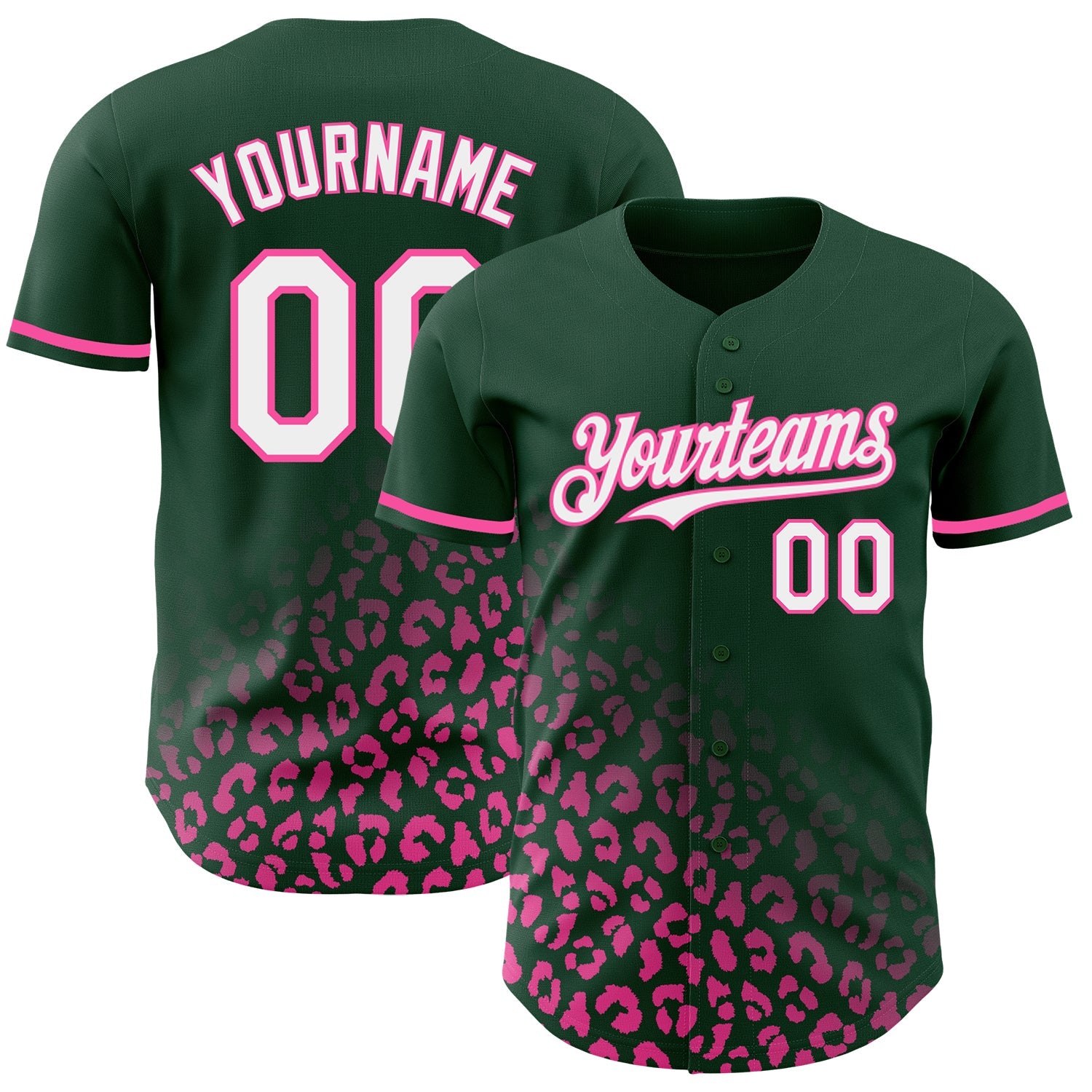 Custom Green White-Pink 3D Pattern Design Leopard Print Fade Fashion Authentic Baseball Jersey - Main View