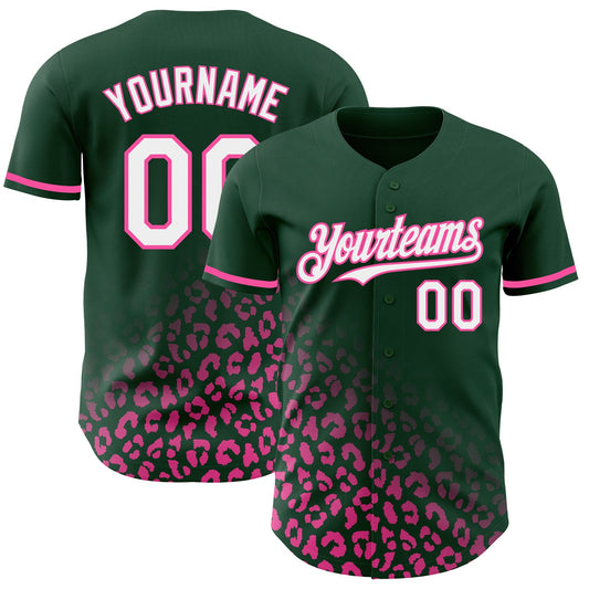 Custom Green White-Pink 3D Pattern Design Leopard Print Fade Fashion Authentic Baseball Jersey - Main View