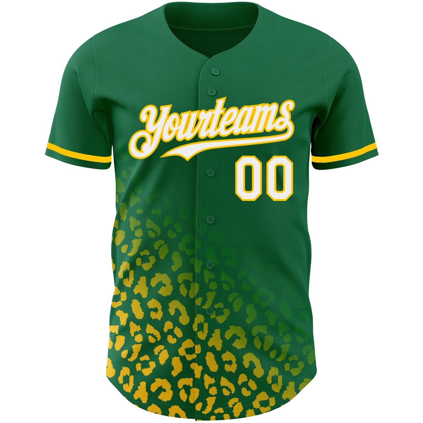 Custom Kelly Green White-Yellow 3D Pattern Design Leopard Print Fade Fashion Authentic Baseball Jersey view 2