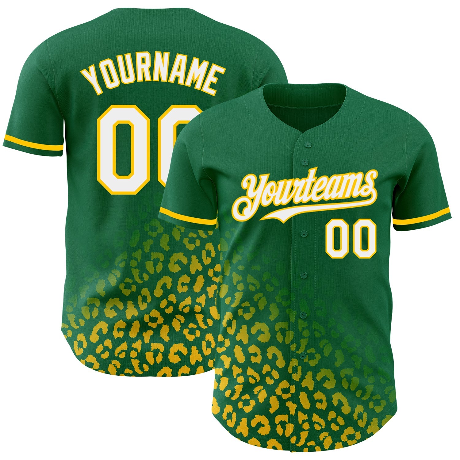 Custom Kelly Green White-Yellow 3D Pattern Design Leopard Print Fade Fashion Authentic Baseball Jersey - Main View