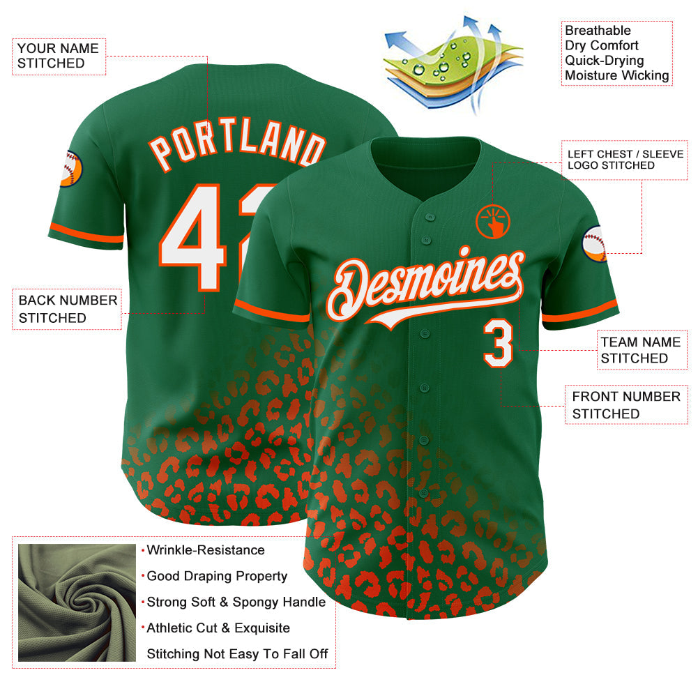 Custom Kelly Green White-Orange 3D Pattern Design Leopard Print Fade Fashion Authentic Baseball Jersey view 3