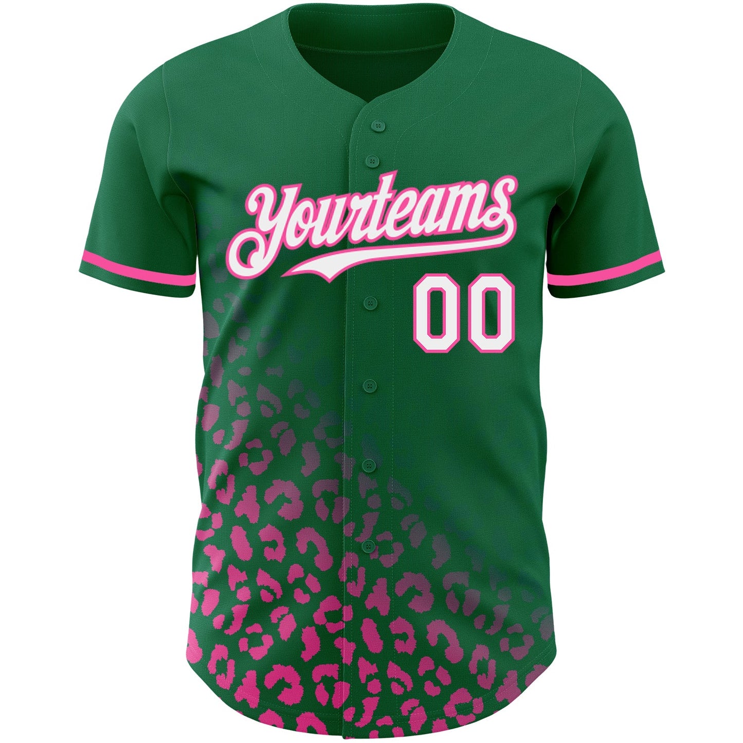 Custom Kelly Green White-Pink 3D Pattern Design Leopard Print Fade Fashion Authentic Baseball Jersey view 2