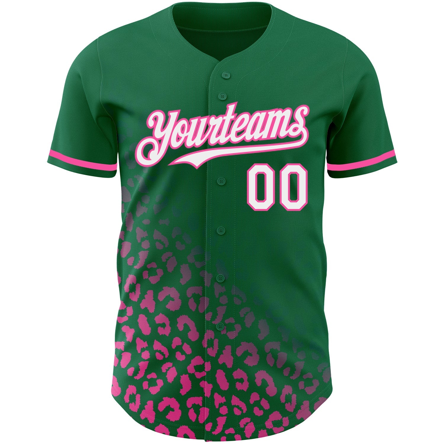 Custom Kelly Green White-Pink 3D Pattern Design Leopard Print Fade Fashion Authentic Baseball Jersey view 2