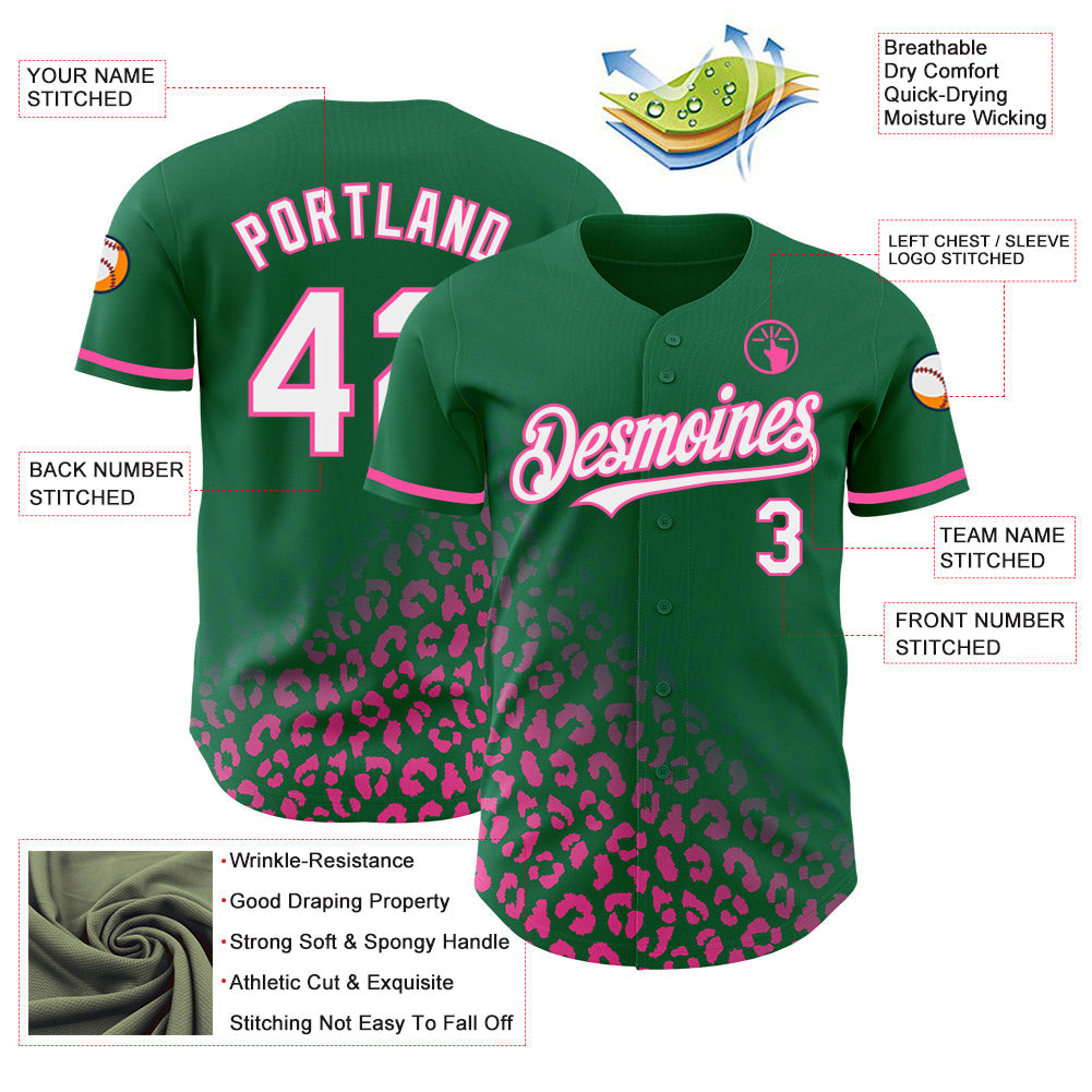 Custom Kelly Green White-Pink 3D Pattern Design Leopard Print Fade Fashion Authentic Baseball Jersey view 3