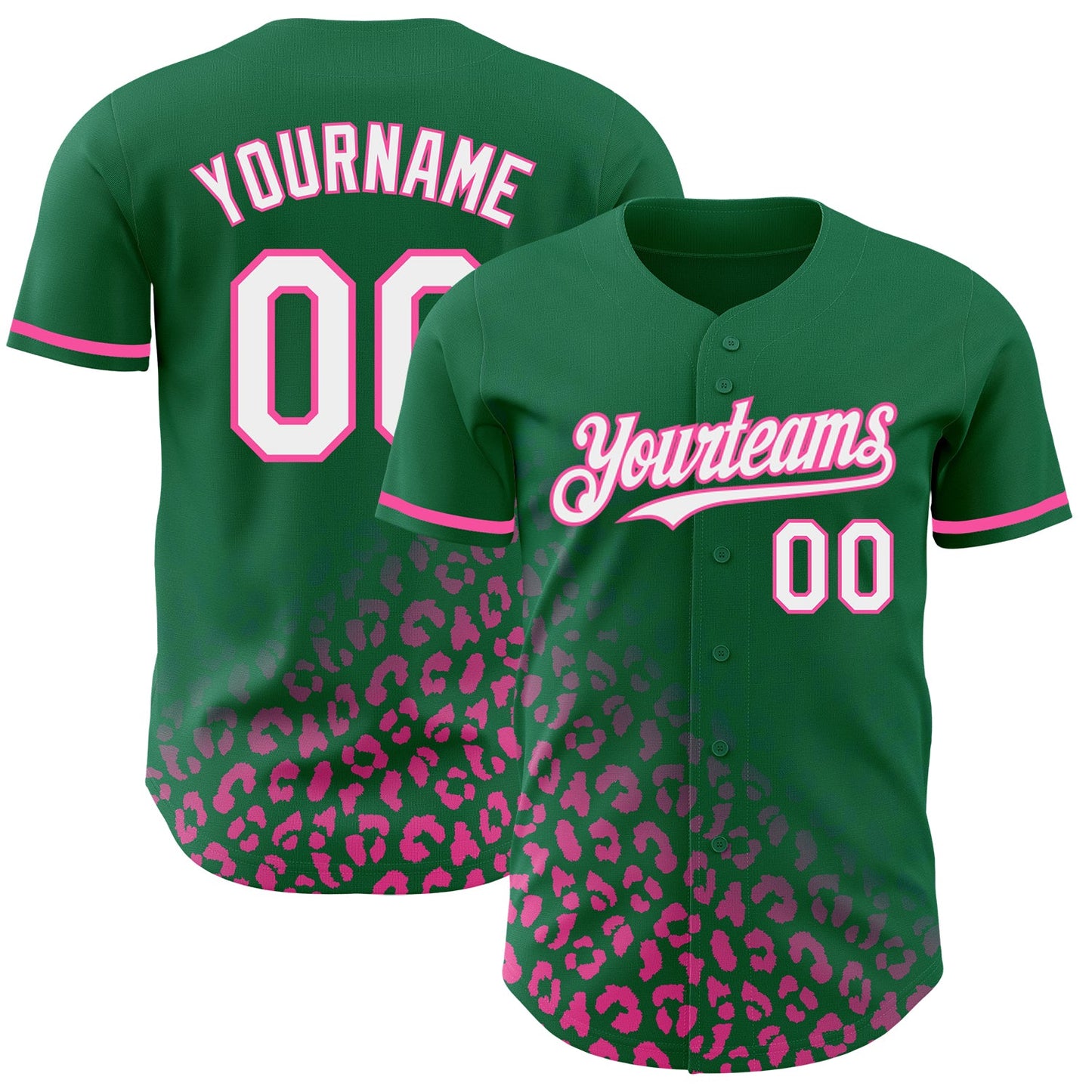 Custom Kelly Green White-Pink 3D Pattern Design Leopard Print Fade Fashion Authentic Baseball Jersey - Main View