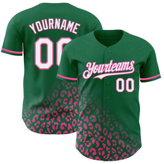 Custom Kelly Green White-Pink 3D Pattern Design Leopard Print Fade Fashion Authentic Baseball Jersey - Main View