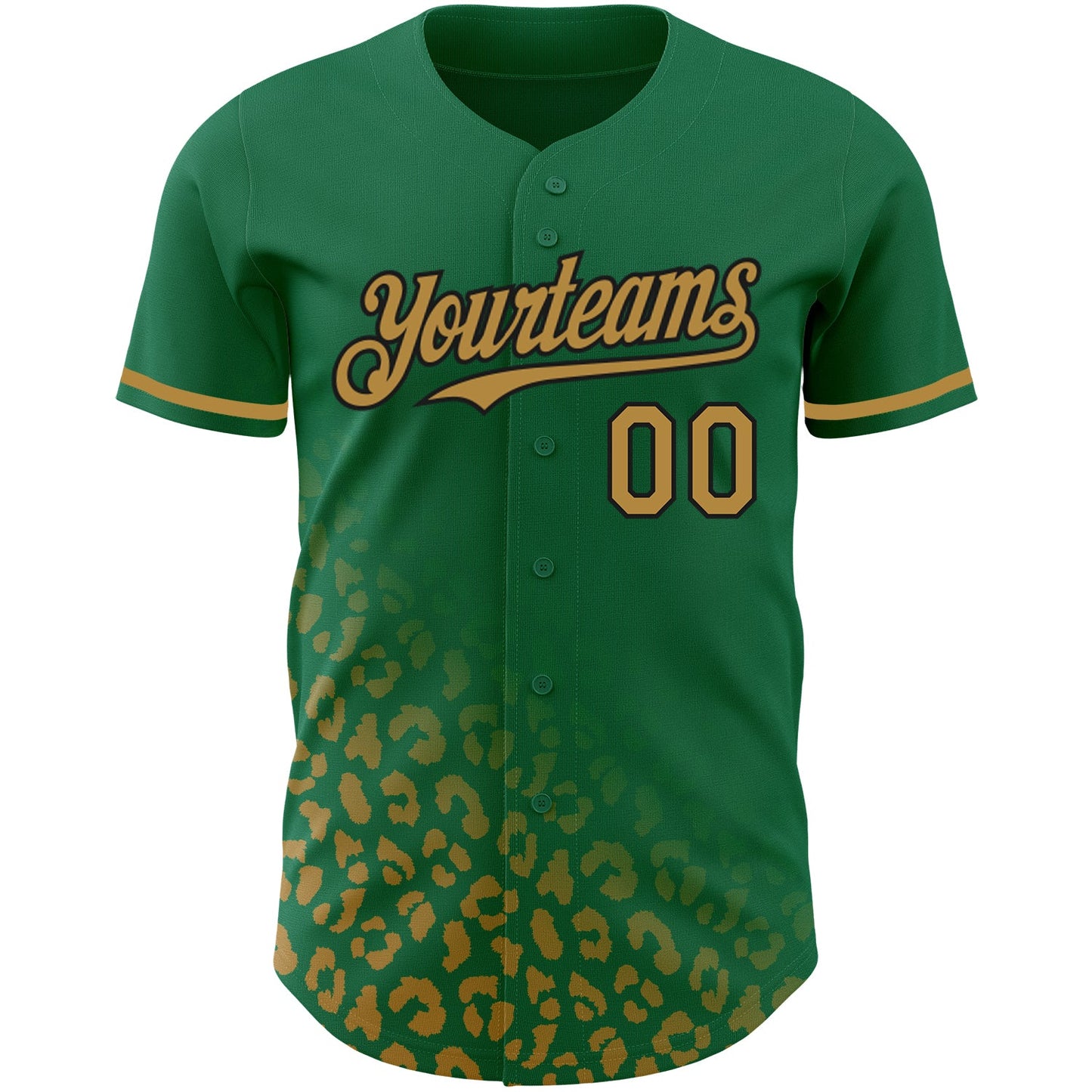 Custom Kelly Green Old Gold-Black 3D Pattern Design Leopard Print Fade Fashion Authentic Baseball Jersey view 2