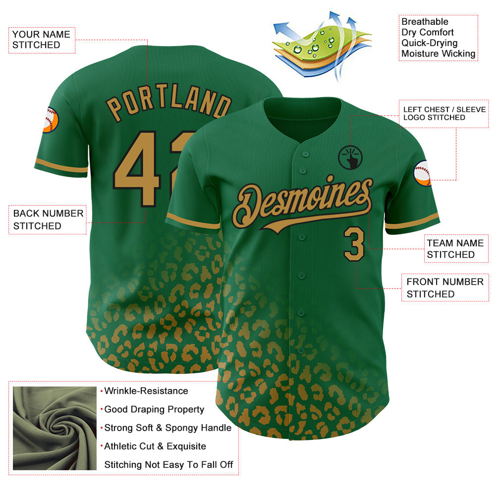 Custom Kelly Green Old Gold-Black 3D Pattern Design Leopard Print Fade Fashion Authentic Baseball Jersey view 3