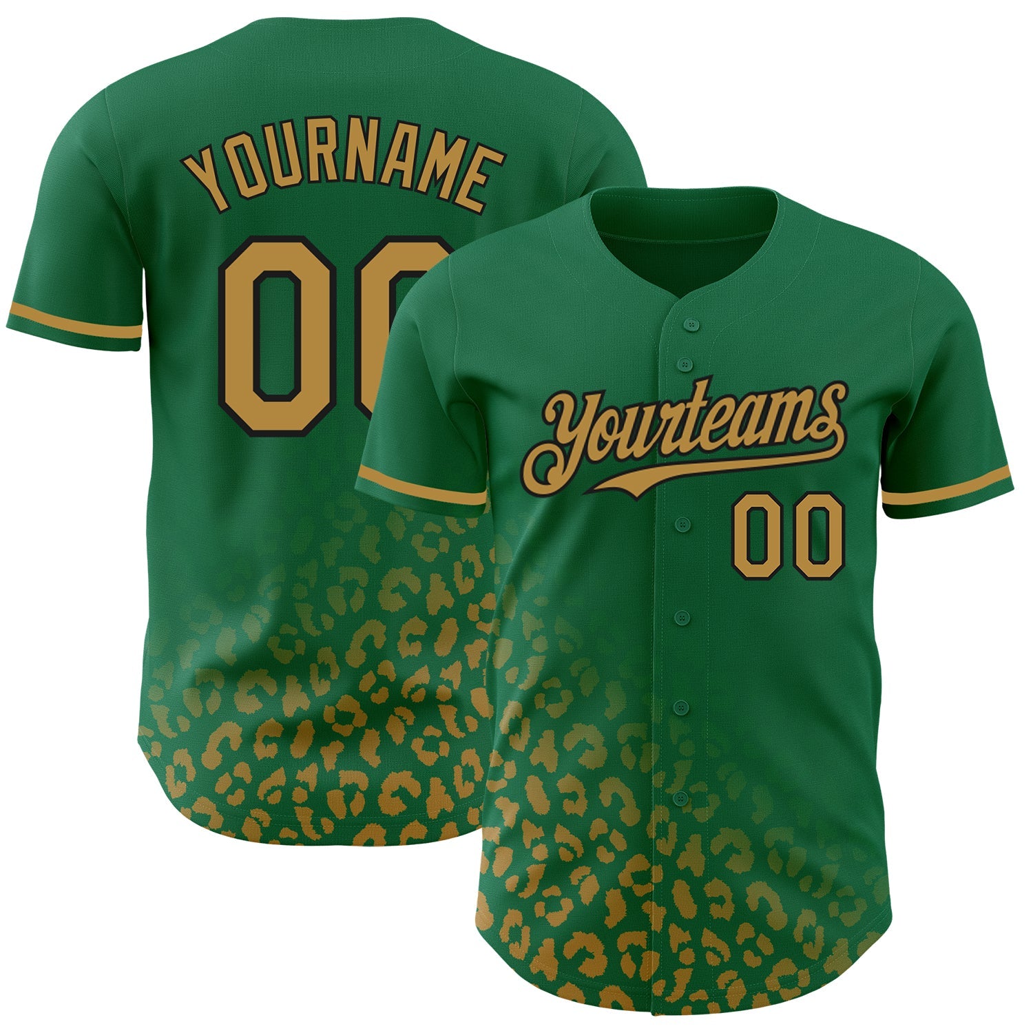 Custom Kelly Green Old Gold-Black 3D Pattern Design Leopard Print Fade Fashion Authentic Baseball Jersey - Main View