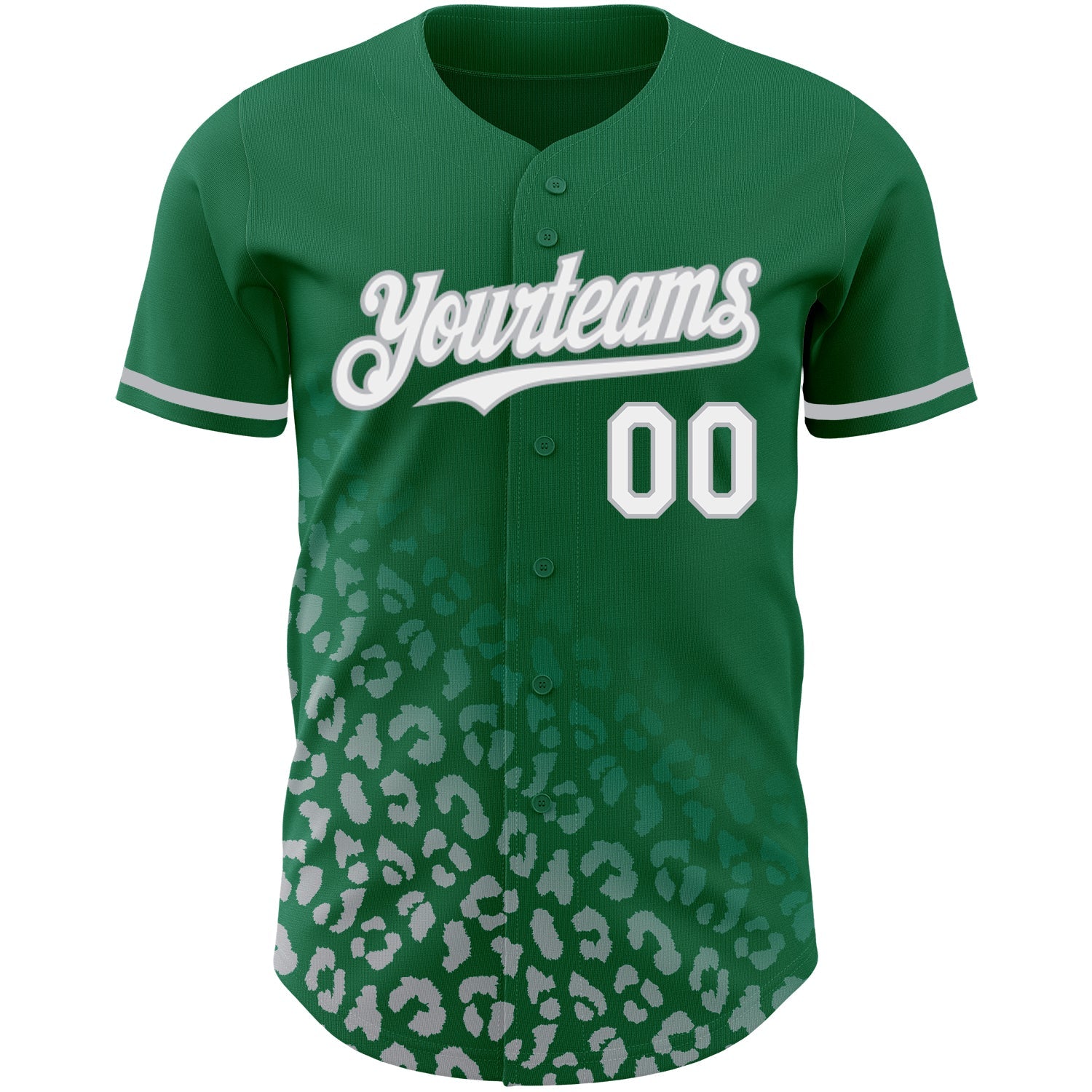 Custom Kelly Green White-Gray 3D Pattern Design Leopard Print Fade Fashion Authentic Baseball Jersey view 2