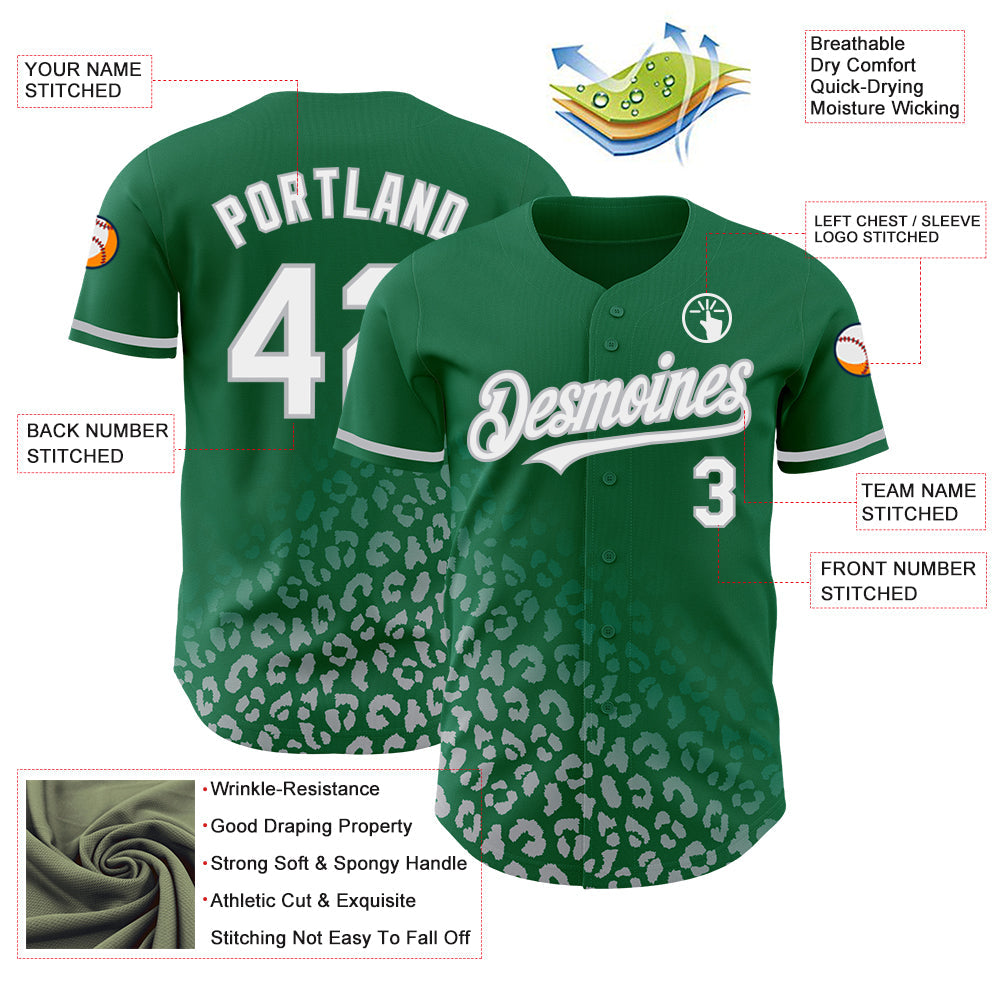 Custom Kelly Green White-Gray 3D Pattern Design Leopard Print Fade Fashion Authentic Baseball Jersey view 3