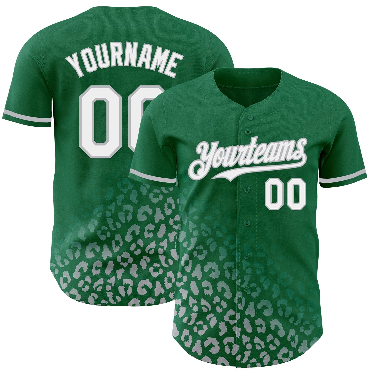 Custom Kelly Green White-Gray 3D Pattern Design Leopard Print Fade Fashion Authentic Baseball Jersey - Main View