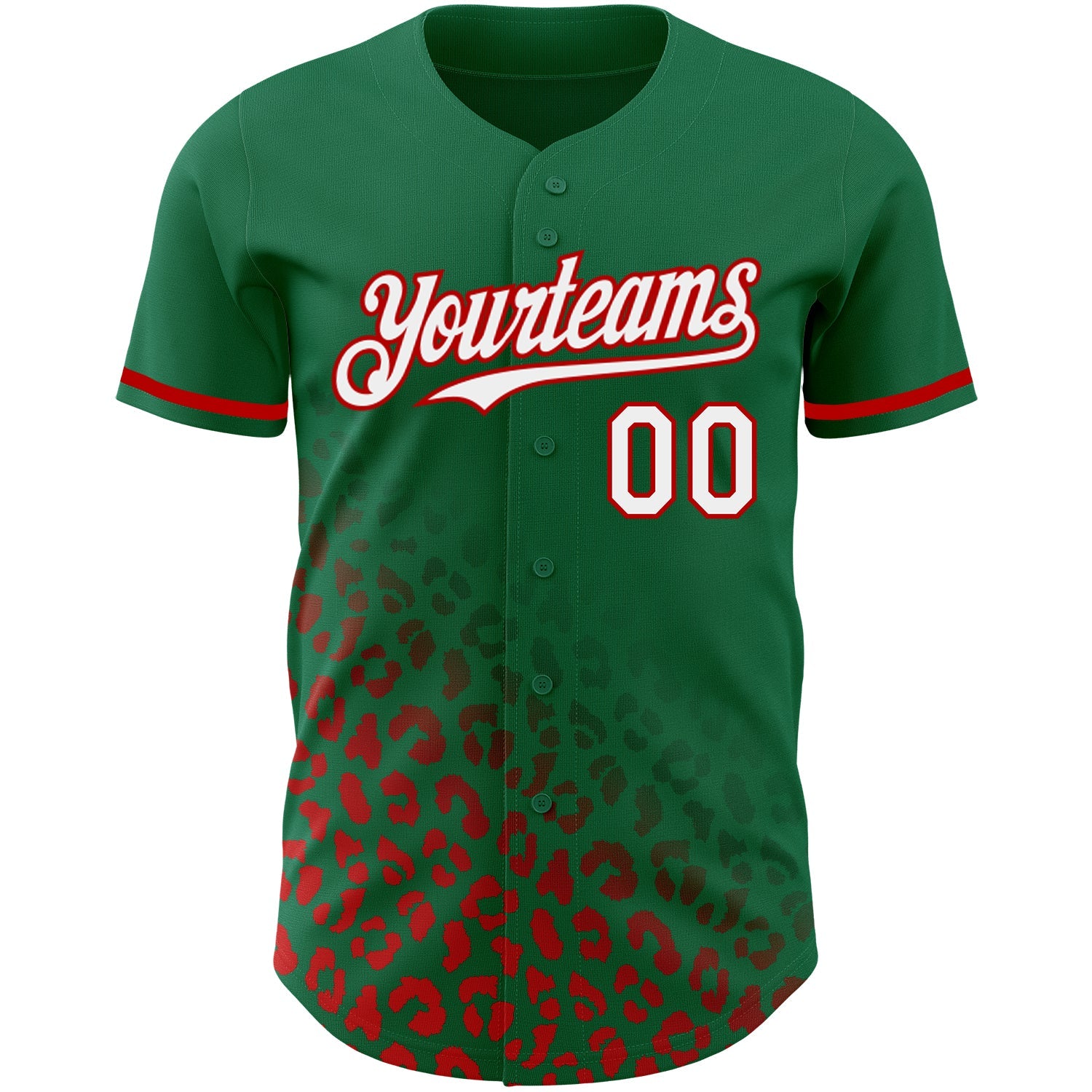 Custom Kelly Green White-Red 3D Pattern Design Leopard Print Fade Fashion Authentic Baseball Jersey view 2