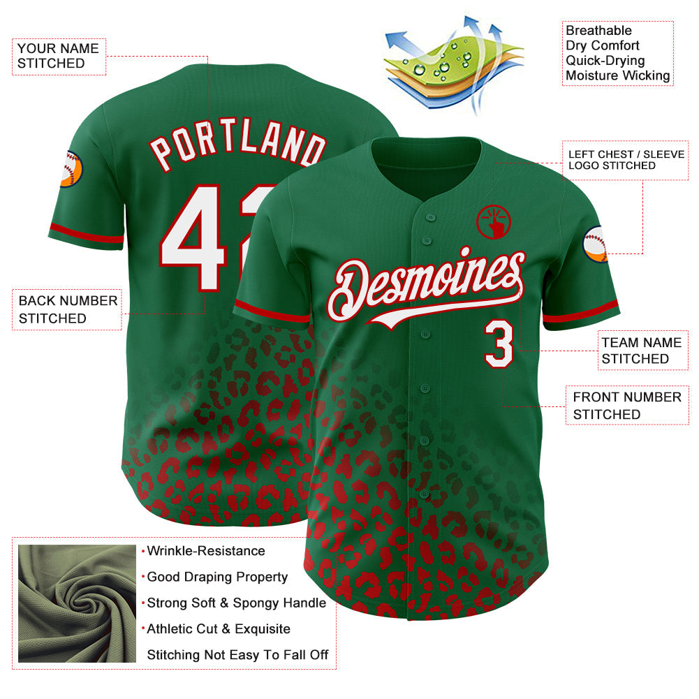 Custom Kelly Green White-Red 3D Pattern Design Leopard Print Fade Fashion Authentic Baseball Jersey view 3