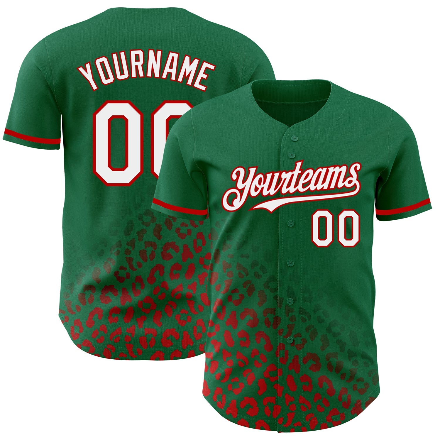 Custom Kelly Green White-Red 3D Pattern Design Leopard Print Fade Fashion Authentic Baseball Jersey - Main View