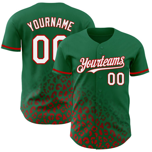 Custom Kelly Green White-Red 3D Pattern Design Leopard Print Fade Fashion Authentic Baseball Jersey - Main View