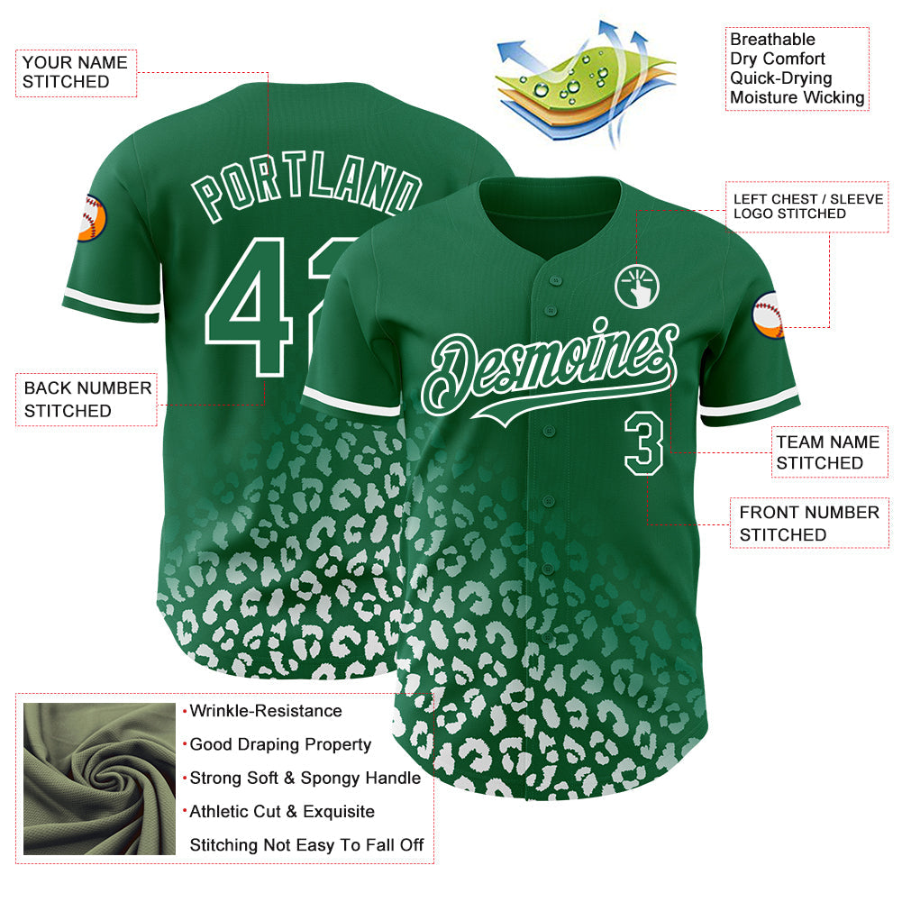 Custom Kelly Green White 3D Pattern Design Leopard Print Fade Fashion Authentic Baseball Jersey view 3