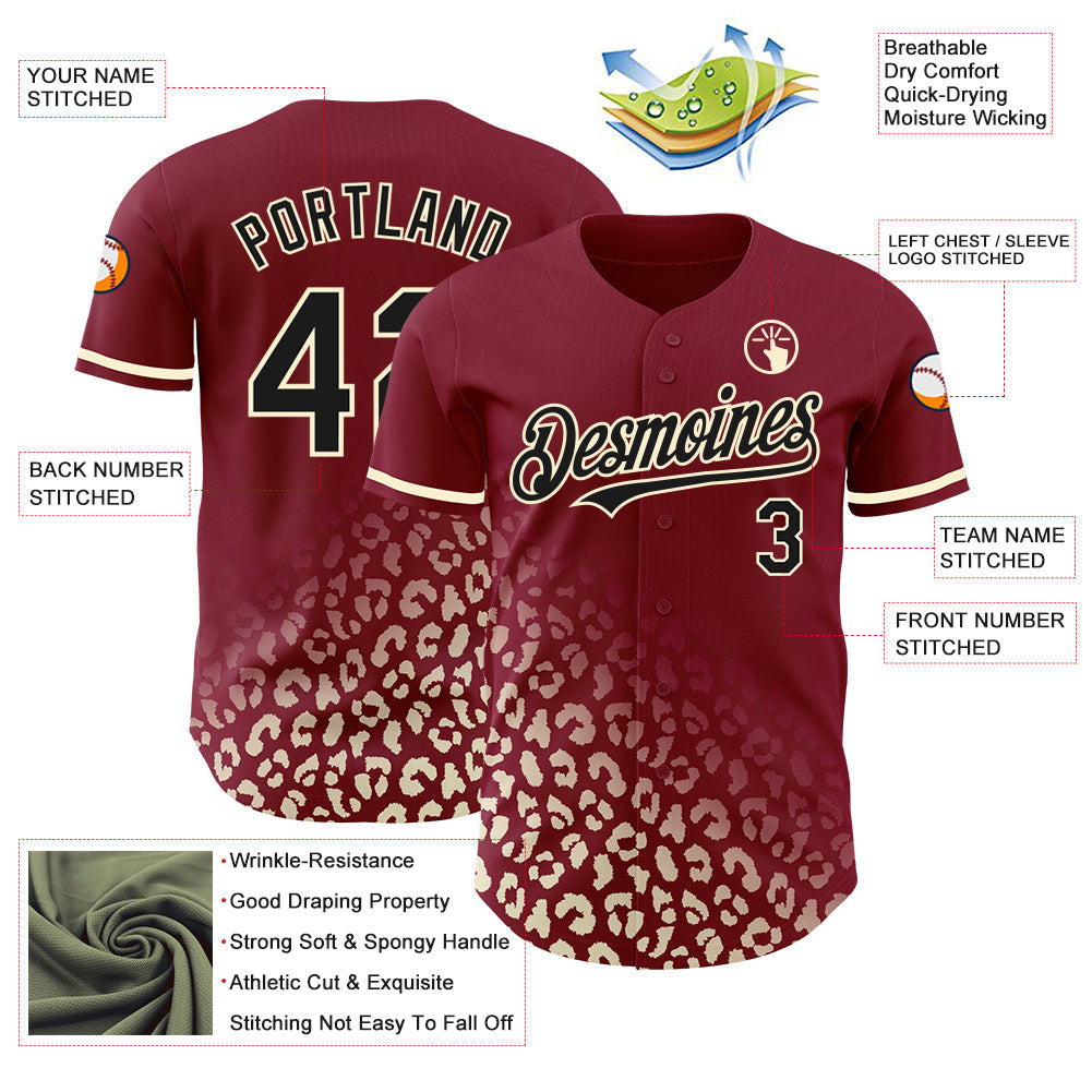 Custom Crimson Black-Cream 3D Pattern Design Leopard Print Fade Fashion Authentic Baseball Jersey view 3
