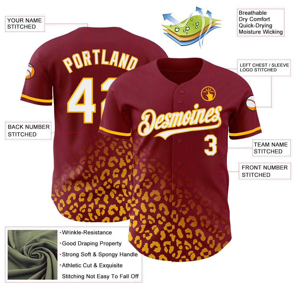 Custom Crimson White-Gold 3D Pattern Design Leopard Print Fade Fashion Authentic Baseball Jersey view 3