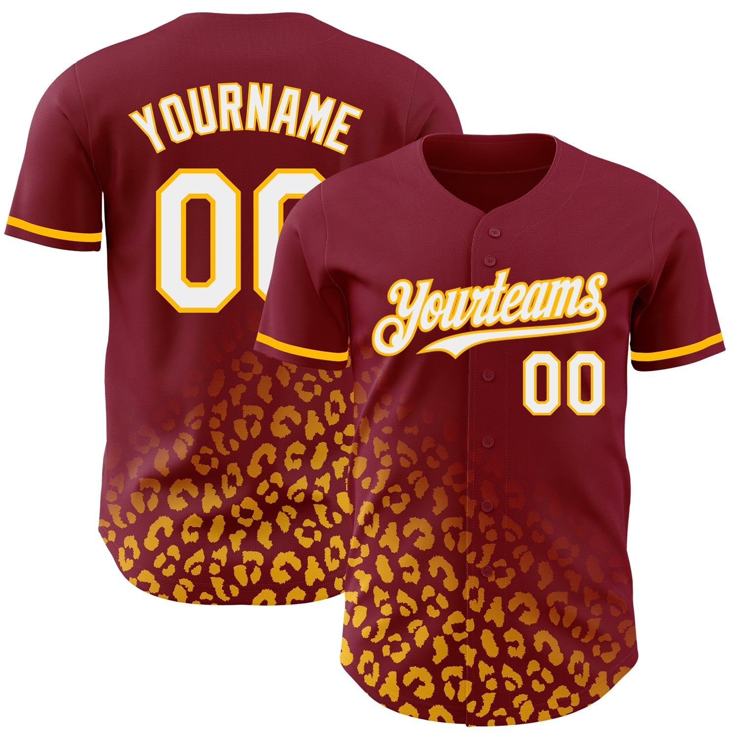 Custom Crimson White-Gold 3D Pattern Design Leopard Print Fade Fashion Authentic Baseball Jersey - Main View