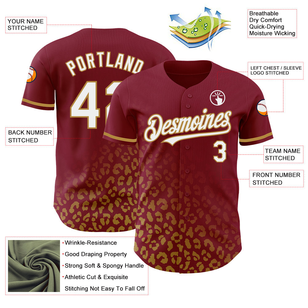 Custom Crimson White-Old Gold 3D Pattern Design Leopard Print Fade Fashion Authentic Baseball Jersey view 3