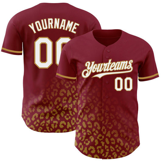 Custom Crimson White-Old Gold 3D Pattern Design Leopard Print Fade Fashion Authentic Baseball Jersey - Main View