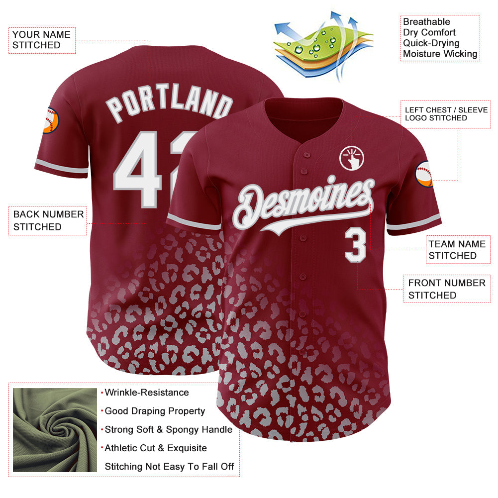 Custom Crimson White-Gray 3D Pattern Design Leopard Print Fade Fashion Authentic Baseball Jersey view 3