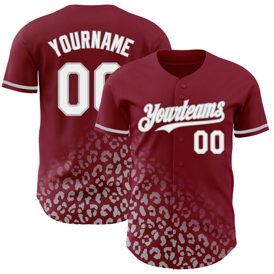 Custom Crimson White-Gray 3D Pattern Design Leopard Print Fade Fashion Authentic Baseball Jersey - Main View