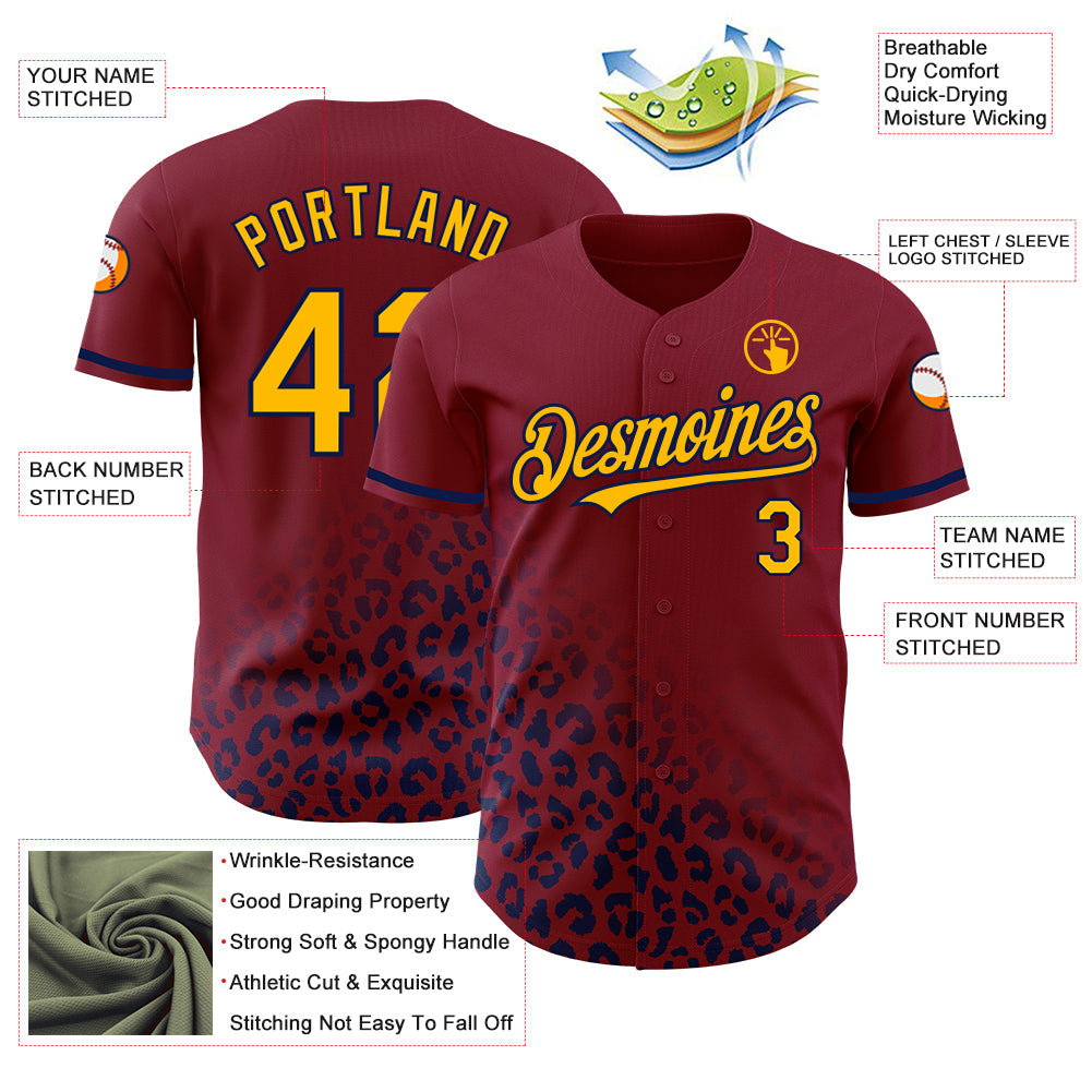 Custom Crimson Gold-Navy 3D Pattern Design Leopard Print Fade Fashion Authentic Baseball Jersey view 3