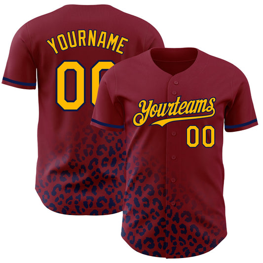 Custom Crimson Gold-Navy 3D Pattern Design Leopard Print Fade Fashion Authentic Baseball Jersey - Main View