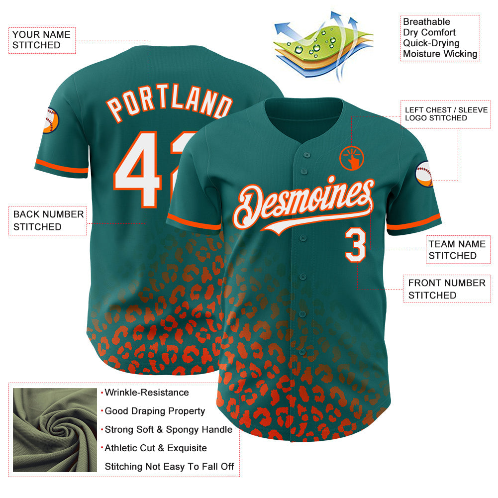 Custom Teal White-Orange 3D Pattern Design Leopard Print Fade Fashion Authentic Baseball Jersey view 3