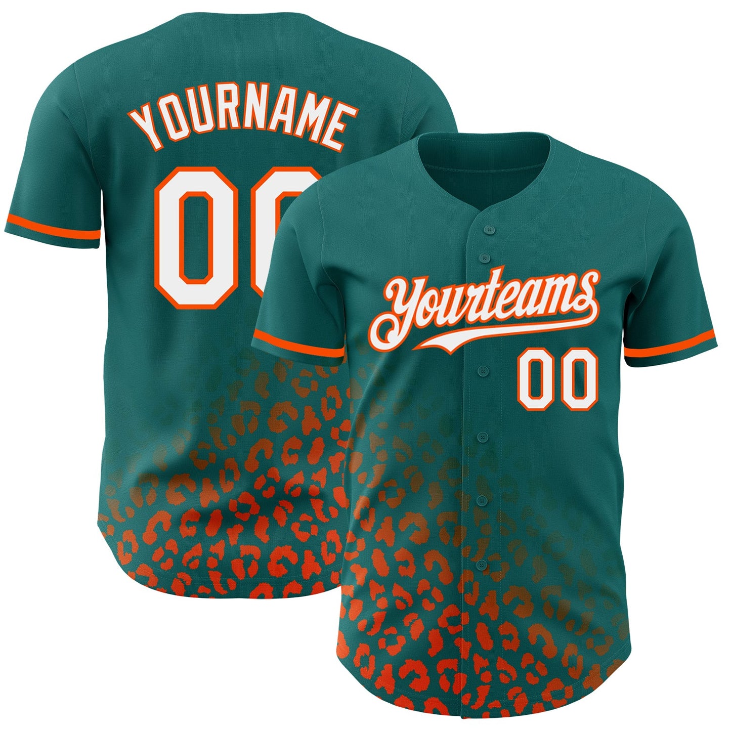 Custom Teal White-Orange 3D Pattern Design Leopard Print Fade Fashion Authentic Baseball Jersey - Main View