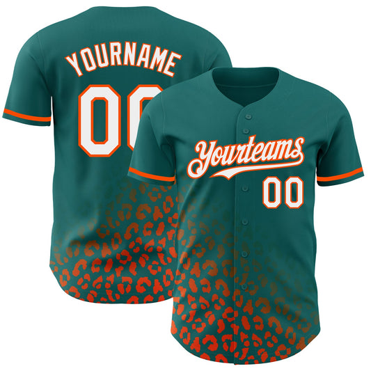 Custom Teal White-Orange 3D Pattern Design Leopard Print Fade Fashion Authentic Baseball Jersey - Main View