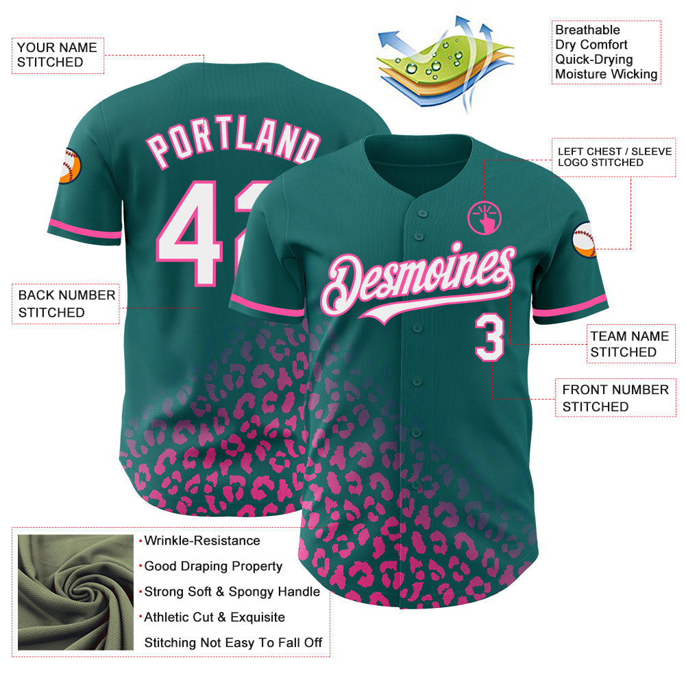 Custom Teal White-Pink 3D Pattern Design Leopard Print Fade Fashion Authentic Baseball Jersey view 3